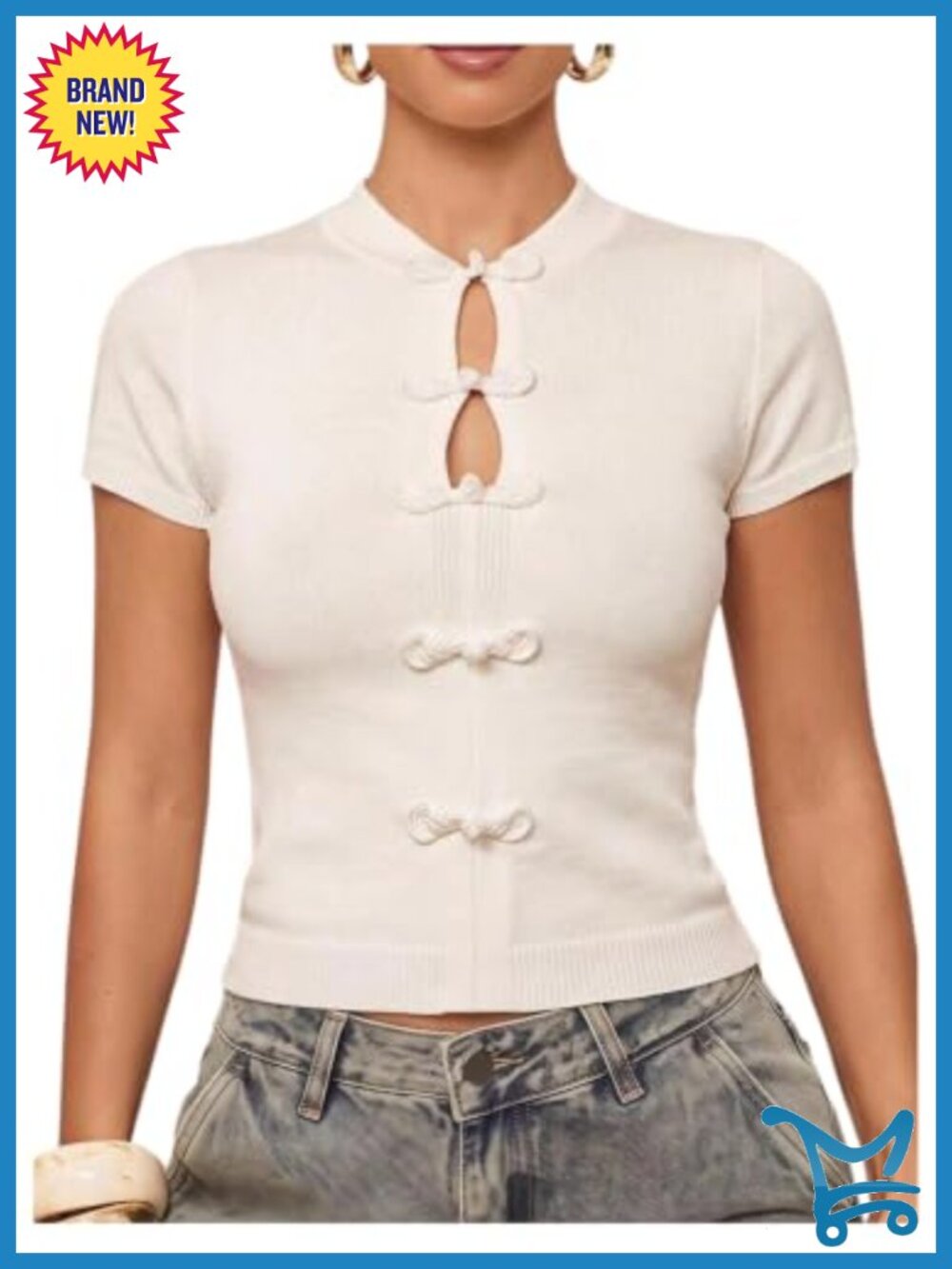 Cropped Cheongsam Qipao Crop Top Short Sleeve Crew Neck Keyhole Sweater